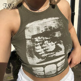 2021 Green Print Casual Crop Top Women Sleeveless Summer Blue T Shirts Off Shoulder Sexy Tank Tops Vintage