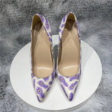printing green 12cm pumps stiletto pointed toe sexy shoes party nightclub women shoes 8cm 10cm high heel purple