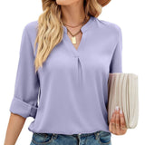 Zingj Women's Autumn And Winter New Solid Color Chiffon Shirt Loose V Collar Long-Sleeved Shirt-Outfit