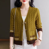 Zingj Spring And Autumn New V-Neck Sweater Coat Female Foreign Style Jacquard With A Small Loose Knit Cardigan-Outfit