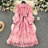 Zingj Style Dress Women's 2024 New Heavy Industry Embroidery Hollowed-Out Flower Buckle Slim Medium-Long Bubble Sleeve