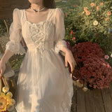 Spring Lace Sweet Elegant Dress Women Evening Party One Piece Dress Korean Kawaii Short Sleeve Dress Female Square