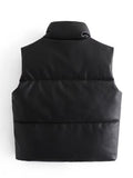 Women Black Pu Puffy Vest American Streetwear Winter Thick Parkas Jacket Fashion Outwear Faux Leather Down Waistcoat