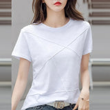 Summer Slim Cotton Bamboo T-Shirts Women 2021 O-Neck Short Sleeve Ribbed Tshirts Female Casual Solid Color