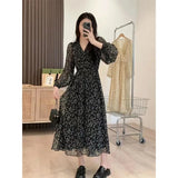 Zingj Chiffon Floral Long-Sleeved Dress Female 2024 Summer New Feeling Waist Show Thin Black Long Skirt-Outfit