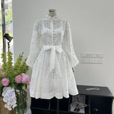 French Niche Collar Heavy Industry Nail Drill Luxury Wind Bubble Long Sleeve Buckle Waist Dress With