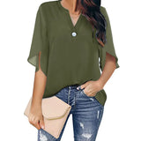 Short Sleeve Elegant Casual Pullover Solid Color V-neck Chiffon