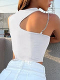 Cut Out Rib Knit Crop Top Women Summer Y2K Clothes High Street Grunge Asymmetrical Neck Sleeveless Tank Top