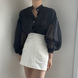 Puff Sleeve White Shirts Blouse Women New Spring Single-breasted Shirt Tops See Through Sexy Loose Blouse Female