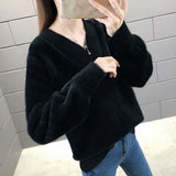 Mink Velvet V-neck Knitted Sweater Women Loose Here Simple Commuter Fashion Stretch Bottoming Sweater Pullover Femal