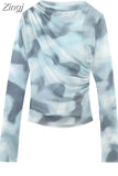 Print Tulle Crop Top Women Ruched Mesh Blouse Female Blue Long Sleeve Tops For Women 2023 Streetwear Chic Woman