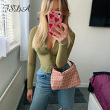 2021 Mesh Brown Long Sleeve Crop Top Women Tie Dye Print Summer Spring Basic Sexy Party 90S Casual T Shirts