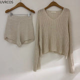 2 Piece Sets Women Outfits Long Sleeve Pullover Women 's Tops High Waist Casual Shorts Elegant Lady Office Suit Knit