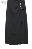 Black Midi Skirt Woman Golden Buttons Long Skirts For Women Fashion 2023 High Waist Slit Skirt Elegant Women's
