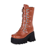 Black High Barrel PU Artificial Thick Bottom High And Martin Boots After Zipper Large-Size Stage Women's