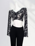 Zingj Black Print Drawcord V-Neck Long-Sleeve T-Shirt For A Summer Spice Girl Is Chic With A