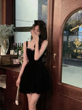 Wedding Party Black Velvet Midi Dresses for Women 2023 Autumn Square Neck Long Sleeves Evening Prom Mini Female