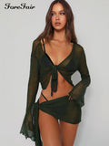 2022 Summer Beach Outfits Sexy Long Sleeve Top Crop And Mini Skirt Set Women Two Piece Sets Party Club See