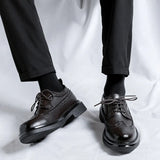 Zingj Vintage Round Head Cloth Block Carved Men's Fashion Business Casual Leather Shoes Increased Thick Bottom
