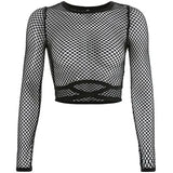 Black Fishnet Sexy Tshirt Women Hollow Out Mesh Long Sleeve Crop Tops Tees Bandage See Through T Shirt Female