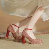 Zingj Thick With Explosive Flash Show He Wedding Dress Two Wear Not Tired Foot Wedding Shoes Square Head Beautiful Crystal Shoes Waterproof Platform High