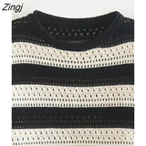 Women Fashion Color Matching Striped Short Knitting Sweater Female Chic Long Sleeve Hollow Out Loose Pullover Tops