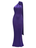 Purple Satin Halter Neck 3D Flower Design Backless Maxi Dress- Outfit