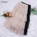 Spring New Sweet Cake Layered Long Mesh Skirts Princess High Waist Ruffled Vintage Tiered Tulle Pleated ins