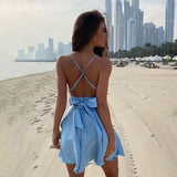 Satin Sexy Backless Sleeveless Party Mini Dresses Women Elegant V-Neck Bodycon Dress Spaghetti Straps Solid Slim