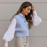 Fashion Twist Blue Cropped Cable-Knit Sweater Vest Women Vintage O-Neck Female Waistcoat Tops Pull Sans Manche Knitted