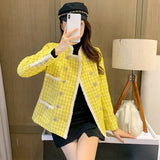 New Fashion Women Stand Collar Plaid Yellow Tweed Jacket Pearls Double Breasted Vintage Elegant Ladies Tassels Twill