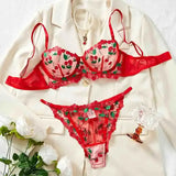 Red Cherry Embroidery Sheer Lingerie Set- Outfit