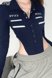 Casual Blue Cotton Skinny Buttons Autumn Bodysuits Tops Letter Letter Print Long Sleeve Women Bodies Street