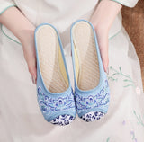 Zingj Round Head Embroidered Cloth Shoes Beef Tendon Bottom Flat Bottom Soft Bottom Canvas Slippers Female Ethnic Wind Blue And White
