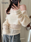Autumn Hollow Out T Shirt Women Knitted Vintage Two Pieces Tops Y2k American Retro Tee Tops Winter Streetwear