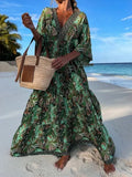 Summer 3/4 Sleeve Printed Boho Beach Long Dress Loose V Neck Waist Pleated A-Line Dress Casual Back Hollow Belt Maxi