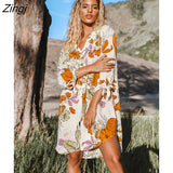 PETAL Floral Buttoned Shirt Mini Dress For Woman Casual V-Neck Turn-down Collar Blouse Dress 2023 Loose Summer