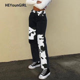 Patchwork Cow Print Jeans Women Casual High Waisted Pants Capris Harajuku 90s Black Long Trousers Ladies