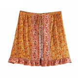 Queens Women Red Floral Printed Beach Bohemian Skirt Ladies Rayon Cotton Elastic Waist Mini Boho