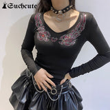 SUCHCUTE Rhinestone Gothic Clothes Women T-Shirts Harajuku Long Sleeve Dark Academia Slim Clubwear Tops Vintage Casual 90s