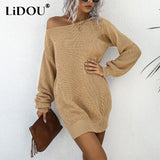 Winter Diagonal Collar Loose Casual Solid Sweater Dress Streetwear Harajuku Y2K Vestido Lantern Sleeve Dresses Robe
