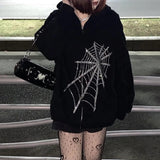 Rhinestone Skeleton Hoodies Women Gothic Black Zip Up Oversized Sweatshirts Female Retro Harajuku Hooded Jacket
