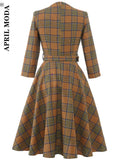Hepburn Women Winter Dresses Cotton 50s Robe Femme French Retro British Plaid Sundress Button Shirt Swing Dress With