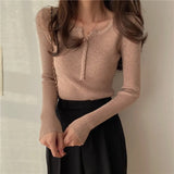 Sweater Women Solid Color O-neck Pullovers Basic Primer Pull Femme Button Chic Jumper Soft Slim Autumn Knitted