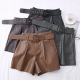 New PU Leather Shorts Women Shorts All-match Sashes Wide Leg Short Ladies Sexy Leather Shorts Autumn