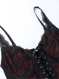 Spaghetti Straps Dark Red Lace Up Corset Camis Floral Bandage Harajuku Sling Tee Y2K Retro Fairycore Grunge Cropped