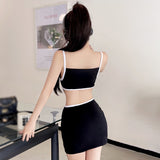 Women's Hollow Out Halter Dress Design Contrast Color Sleeveless Open Waist Korean Style Hip Wrap