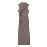 Women's Clothing 2025 Spring New Sleeveless Wrinkles Decorated Semi-High Collar Net Fan Flute
