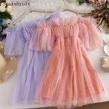 New Summer Autumn Women Ruffles A-Line Dress Sweet Slash Neck Lace Dress Female Short Sleeve Mesh Dress Vestidos