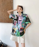 Graffiti Green Button Up Shirts Summer 2021 Designer Short Sleeve Color Block Fashion Top Hawaiian Shirt Women